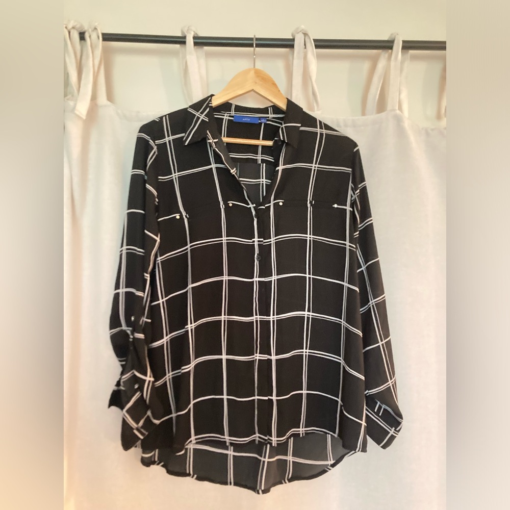 Black Windowpane Grid Button Down Blouse